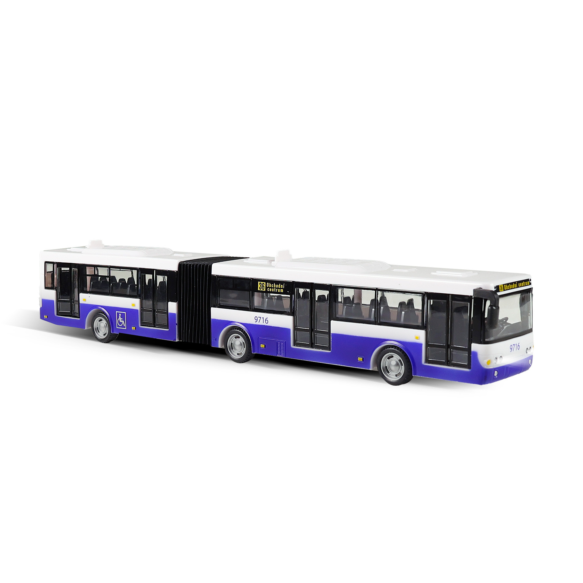 Kloubový autobus který hlásí zastávky česky 36 cm modrý